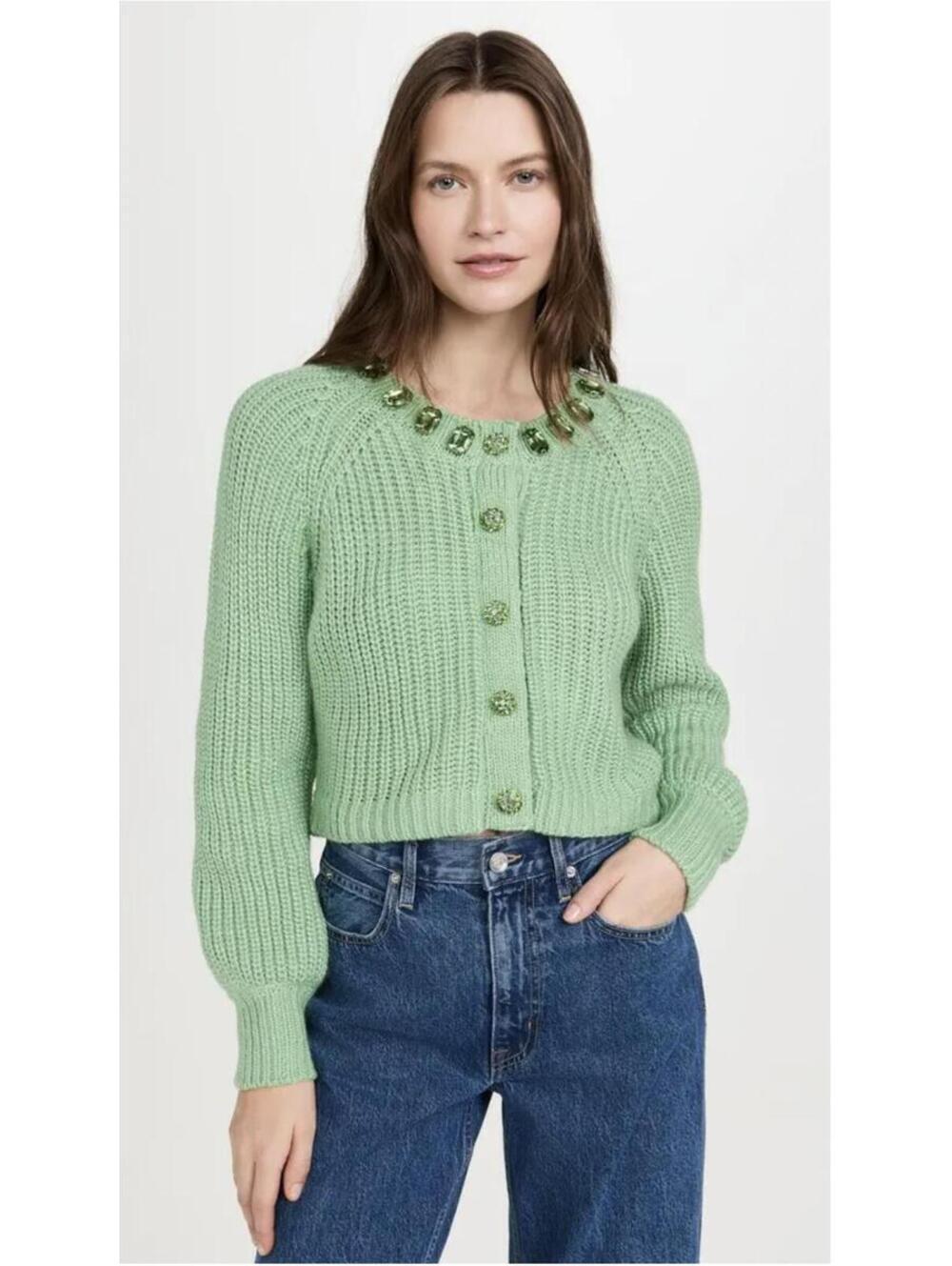 Cinq à Sept Millie Shaker Embellished Cardigan Green Medium